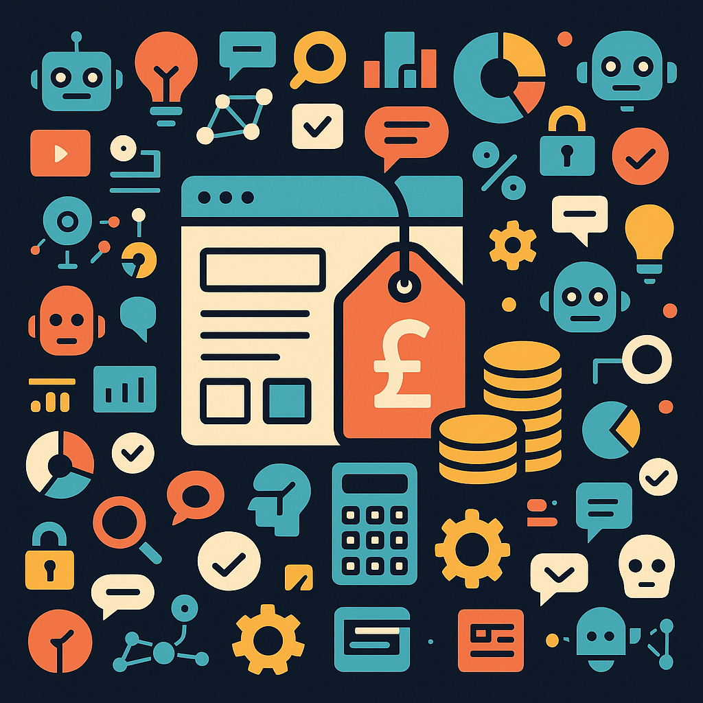Flat illustration of a website window with a price tag, coins and a calculator, surrounded by small-business and web icons