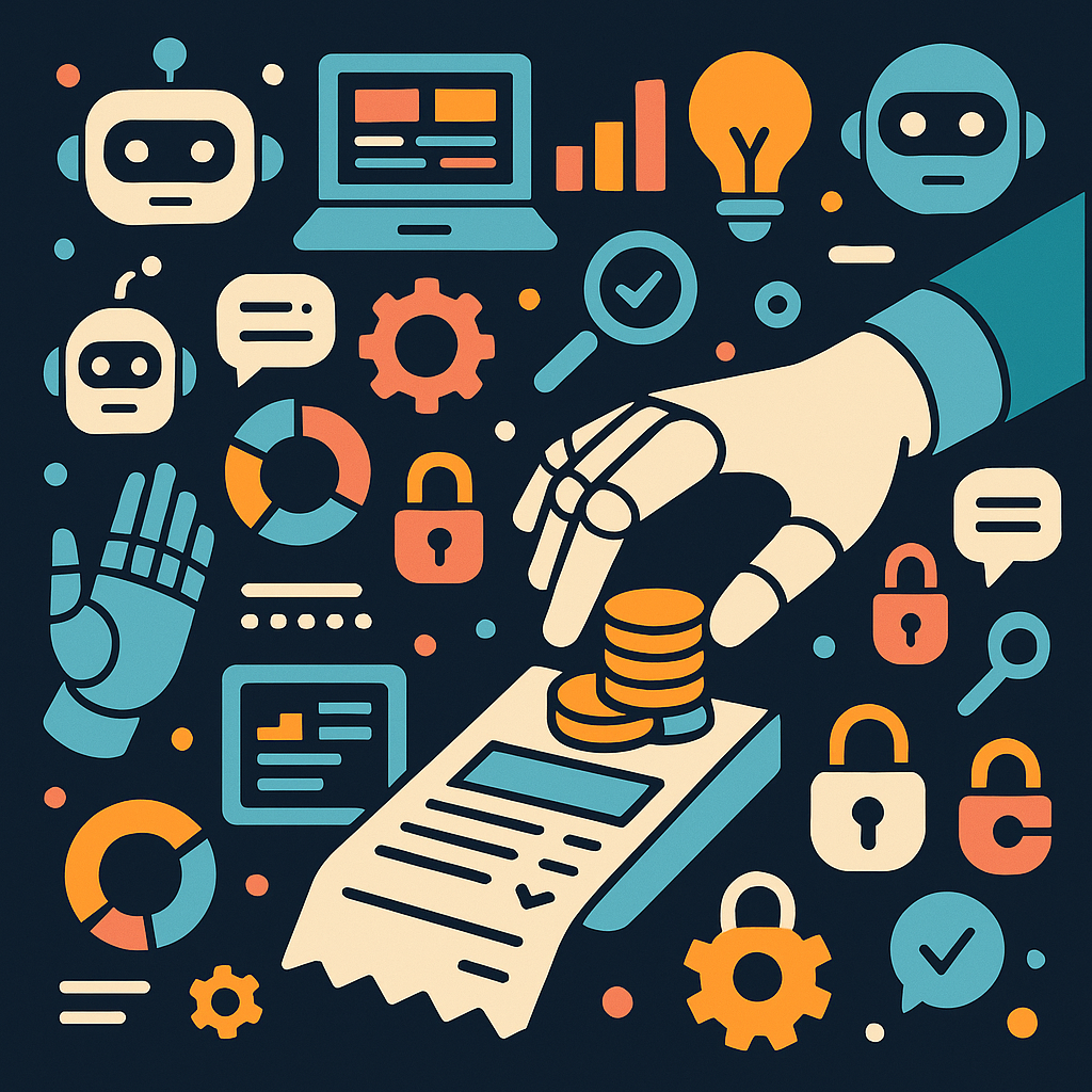 Illustration of a robot hand placing coins on an invoice, surrounded by AI, chart and padlock icons — representing the monthly cost of AI tools for a UK small business