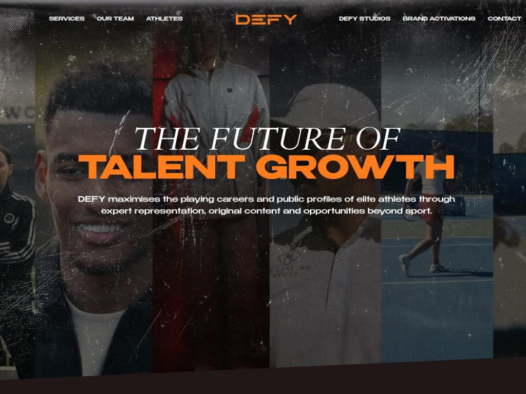 DEFY sports talent agency website homepage